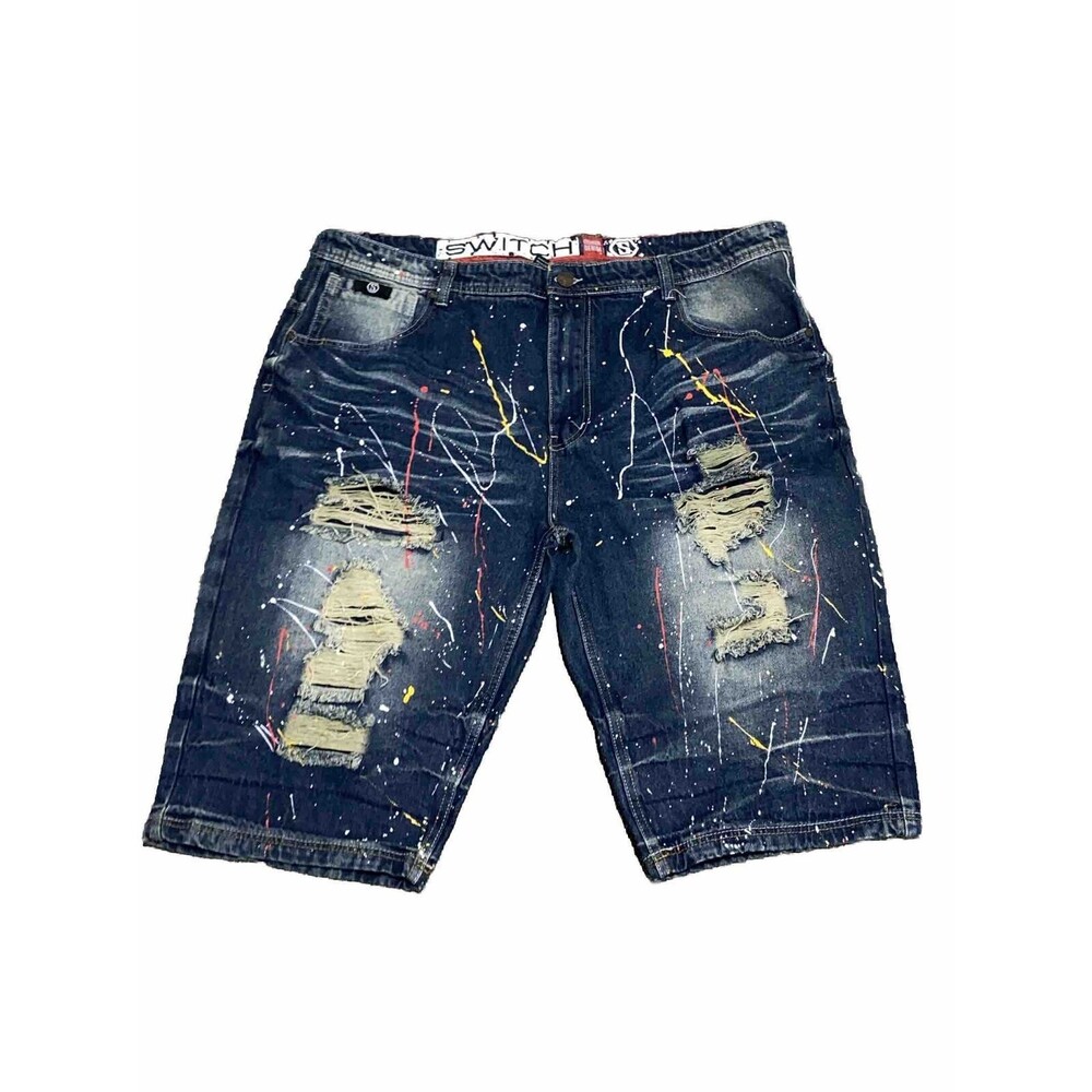 Mens 44 Blue Bermuda Paint Distressed Denim Casual Shorts Switch Remarkable EUC